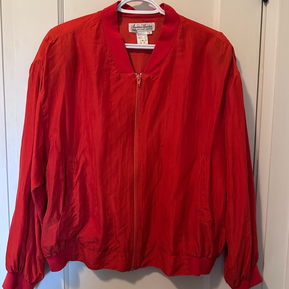 Vintage Bright Orange Annees Lauder 100% Silk Bomber Jacket, Pockets, Sz L
